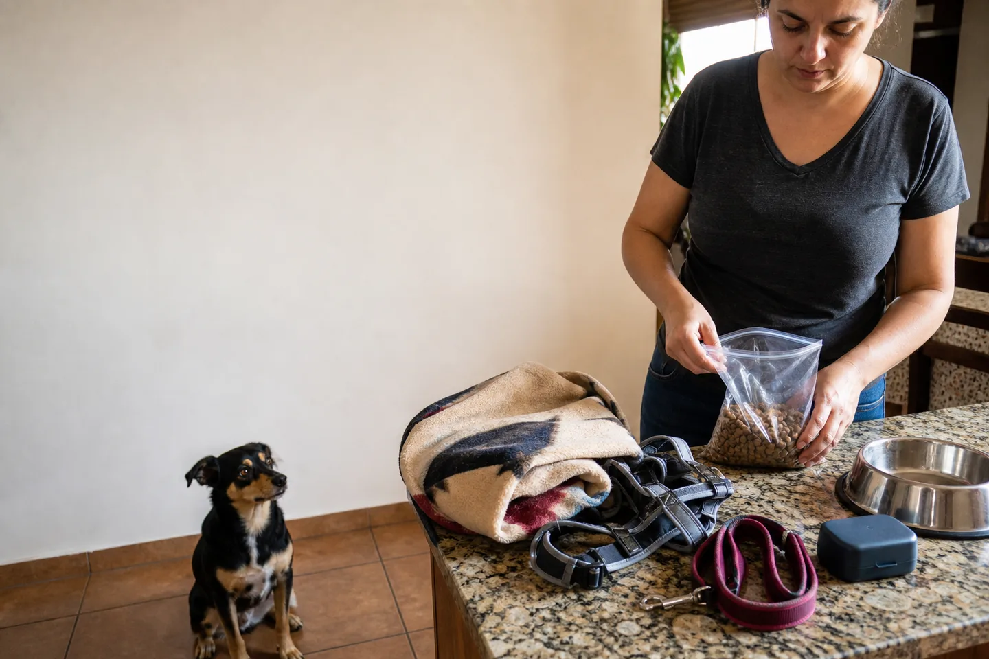 Pessoa organiza itens e checklist antes da hospedagem do cão.