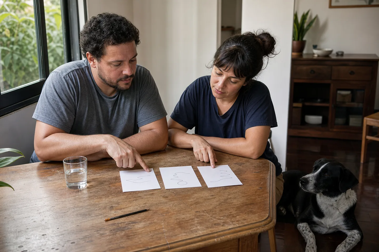 Duas pessoas comparam critérios diferentes enquanto um cão descansa.