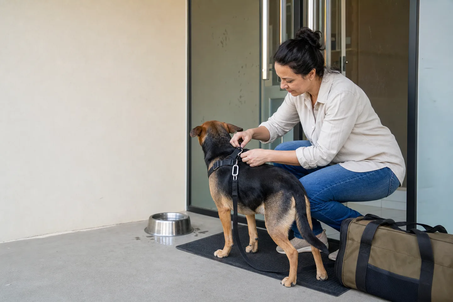 Tutora compara critérios de hospedagem enquanto o cão descansa ao lado.
